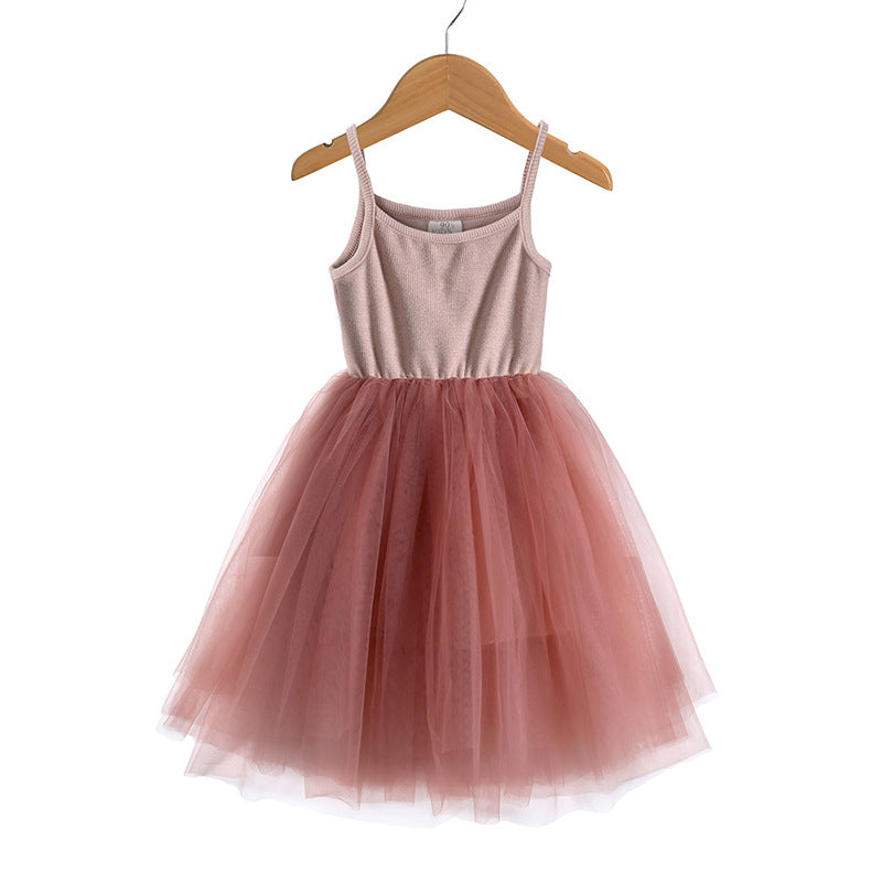 Wholesale Girls Suspenders Rib Splicing Mesh Princess Dress